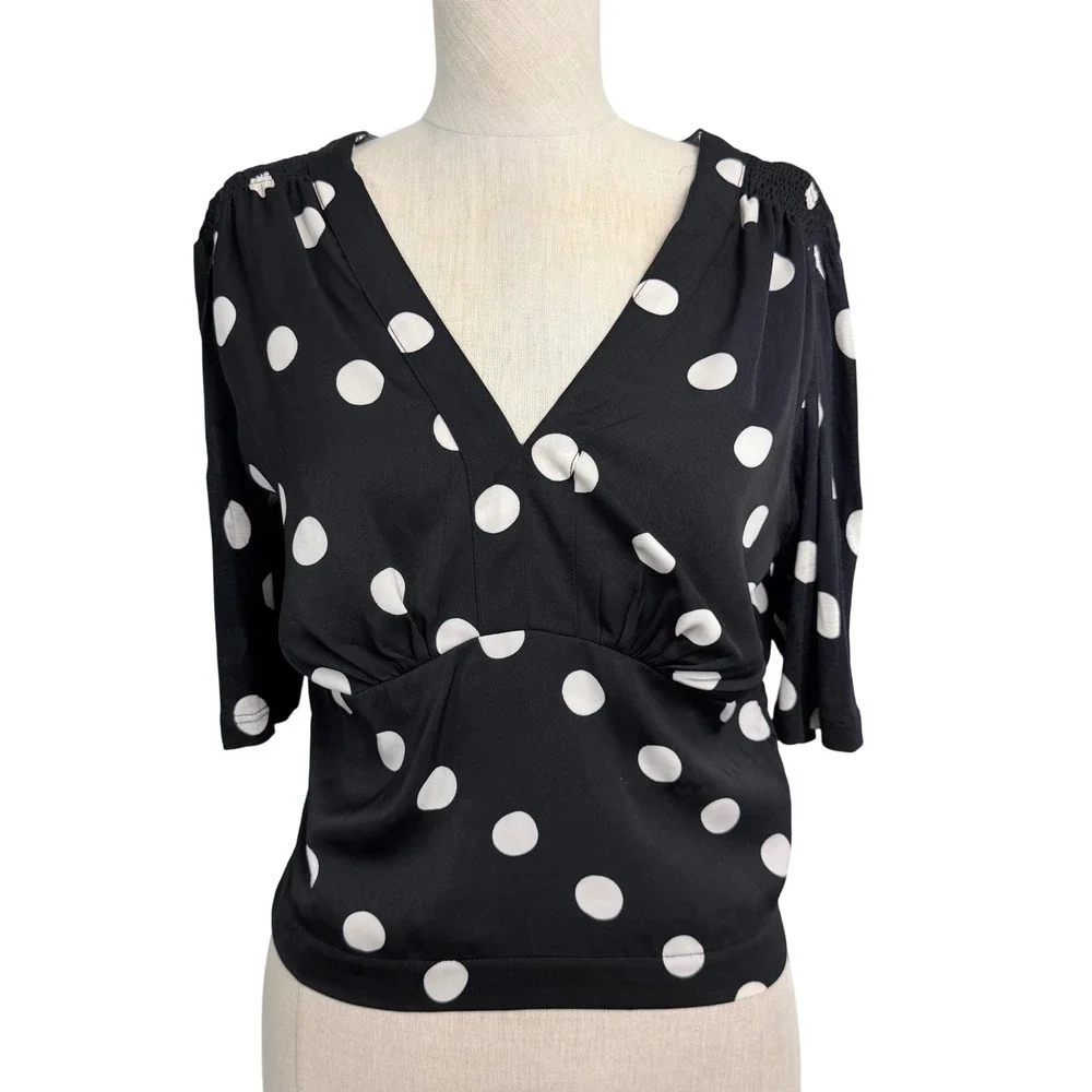 Anthropologie‎ Tiny Polka Dot Smocked Waist V-Neck Blouse Black White Size S